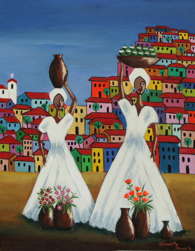 Signed Naif Painting of Brazilian Women with Flowers