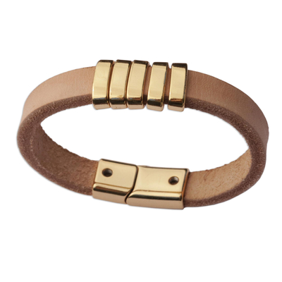 Leather wristband bracelet, 'Golden Planets, Beige Universe' - Modern Beige and Gold Leather Wristband Bracelet from Brazil