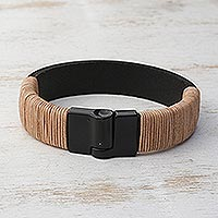 Leather wristband bracelet, 'Copacabana Contrast' - Black and Beige Leather Wristband Bracelet