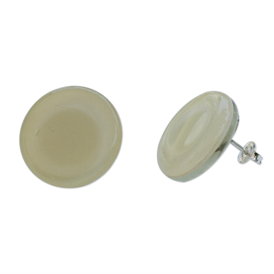 Art glass button earrings, 'Vanilla Cream' - Cast Ivory Glass Button Earrings