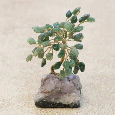 Quartz and amethyst mini gemstone tree, 'Hope and Happiness' - Green Quartz-Amethyst Brazilian Mini Gemstone Tree Sculpture