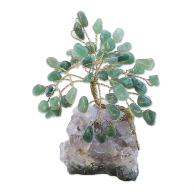 Quartz and amethyst mini gemstone tree, 'Hope and Happiness' - Green Quartz-Amethyst Brazilian Mini Gemstone Tree Sculpture