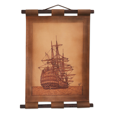 Leather wall hanging, 'Proud Victory' - Galleon Motif Leather Wall Hanging