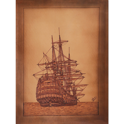 Leather wall hanging, 'Proud Victory' - Galleon Motif Leather Wall Hanging