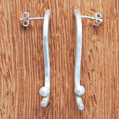 Cultured pearl drop earrings, 'Modern Motif' - Modern 950 Silver and Cultured Pearl Earrings
