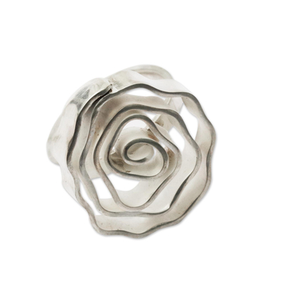 Silber-Cocktailring, 'moderne Rose' - handgefertigter 950er Silber moderner Blumenring