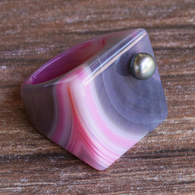 Agate and cultured pearl signet ring, 'Roses and Ash' - Artisan Crafted Rose Agate and Grey Cultured Pearl Ring