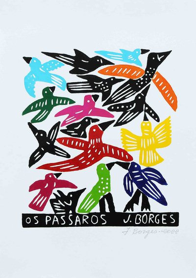 'The Birds III' - <span>J. Borges</span> Fliegender Vogelschwarm Holzschnitt aus Brasilien