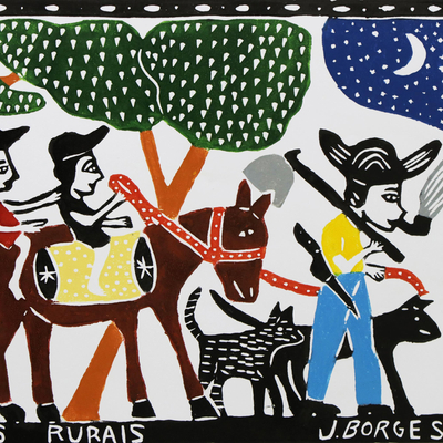 'Agricultural Workers' - Brazil Farm Workers Color Woodcut Print by J. Borges
