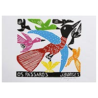 'Los pájaros II' - J. Borges Grabado en madera de pájaros horizontales de Brasil