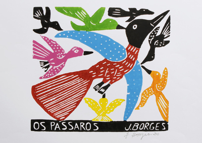'Die Vögel II' - <span data-gp-noloc='node'>J. Borges</span> Horizontale Vögel Holzschnitt Druck aus Brasilien