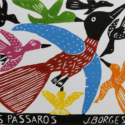 'The Birds II' - J. Borges Horizontal Birds Woodcut Print from Brazil