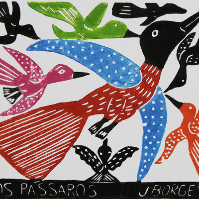 'Die Vögel IV' - <span data-gp-noloc='node'>J. Borges</span> Bright Birds Holzschnitt Druck aus Brasilien