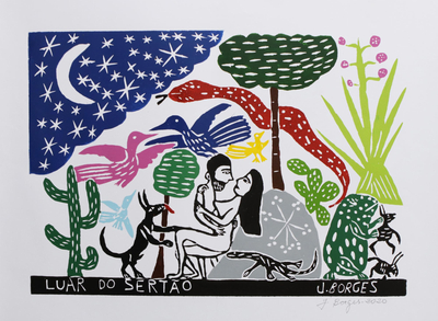 'Moon in the Back-Country II' - Brazil Multicolor Eden Landscape Woodcut Print by J. Borges
