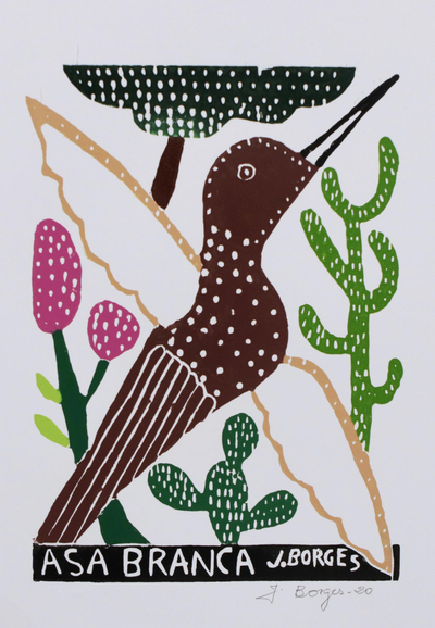 White Wing Bird Color Woodcut Print by J. Borges in Brazil
