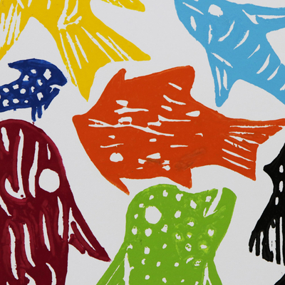 'School of Fish' - Bunter Fisch-Holzschnittdruck von <span>J. Borges</span> in Brasilien