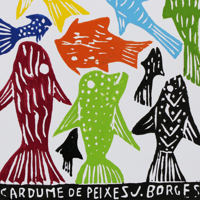 'School of Fish' - Colorful Fish Woodcut Print by J. Borges in Brazil