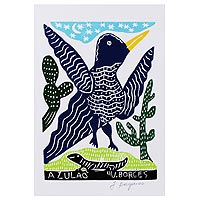 „Bluebird“ – brasilianischer Kunst-Bluebird-Holzschnitt von J. Borges