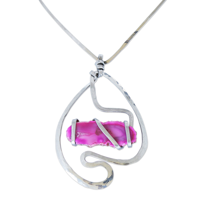 Achat-Anhänger-Halskette, 'Tickled Pink' - Halskette aus rosa Achat und Edelstahl