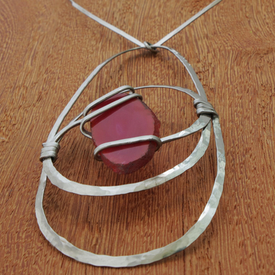 Agate pendant necklace, 'Rose Reflection' - Pink Agate Statement Necklace