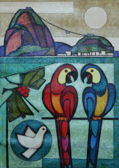 'Two Macaws' - Multicolored Macaw Painting from Brazil
