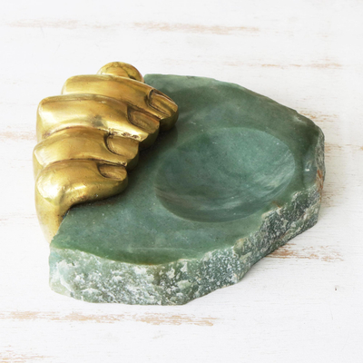 Quartz and bronze sculpture, 'Golden Right Hand I' - Bronze Hand Sculpture with Green Quartz