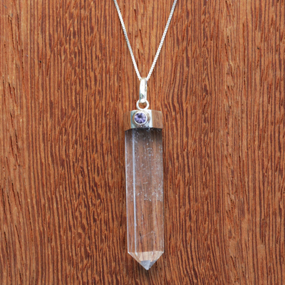 Quartz and amethyst pendant necklace, 'Crystal Clarity' - Crystal Quartz and Amethyst Necklace from Brazil