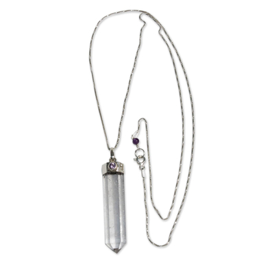 Quartz and amethyst pendant necklace, 'Crystal Clarity' - Crystal Quartz and Amethyst Necklace from Brazil