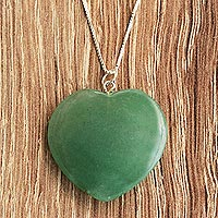 Aventurine long pendant necklace, 'Calm Heart' - 925 Silver and Green Aventurine Heart Necklace from Brazil