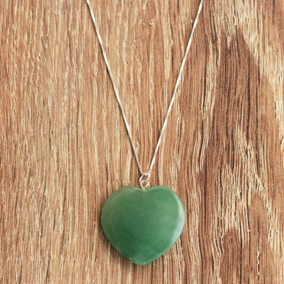Aventurine long pendant necklace, 'Calm Heart' - 925 Silver and Green Aventurine Heart Necklace from Brazil