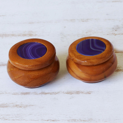 Agate and wood jewelry boxes, 'Purple Waves' - Small Round Agate and Wood Jewelry Boxes (Pair)