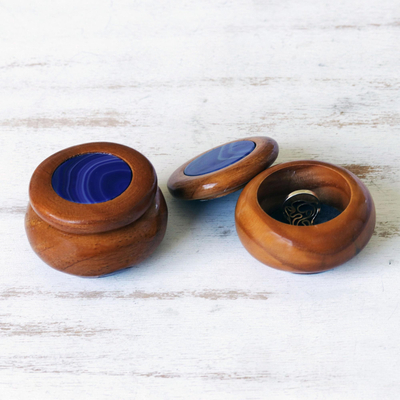 Agate and wood jewelry boxes, 'Purple Waves' - Small Round Agate and Wood Jewelry Boxes (Pair)