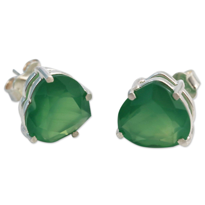 Chrysoprase stud earrings, 'Heart of Light' - Brazil Heart-Shaped Green Chrysoprase Stud Earrings