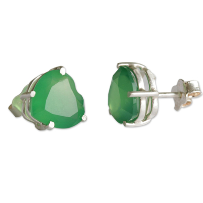 Chrysoprase stud earrings, 'Heart of Light' - Brazil Heart-Shaped Green Chrysoprase Stud Earrings