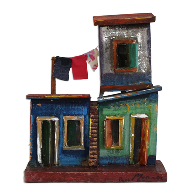 Recycled wood sculpture, 'Blue and Green Houses' - Recycled Wood Favela Homes Sculpture in Blue from Brazil