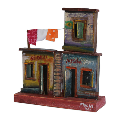 Recycled wood sculpture, 'God, Peace and Happiness' - Recycled Wood Favela Sculpture with Flag from Brazil
