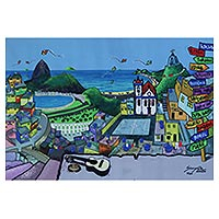Impresión giclée sobre lienzo, 'Rio Favela' - Naif Río de Janeiro Favela Paisaje Impresión giclée sobre lienzo