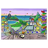 Impresión giclée sobre lienzo, 'Lilac Carioca Favela' - Naif Rio de Janeiro Favela Landscape Impresión giclée sobre lienzo