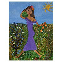 'Picking Fruit' - Signed Naif Painting of a Brazilian Girl with Fruit