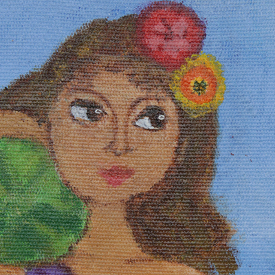 'Früchte pflücken' - Signiertes Naif-Gemälde eines brasilianischen Mädchens mit Obst