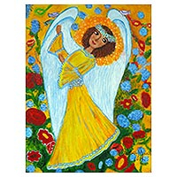'The Angel of Balance' - Brazil Signed Original Naif Painting of an Angel in Yellow