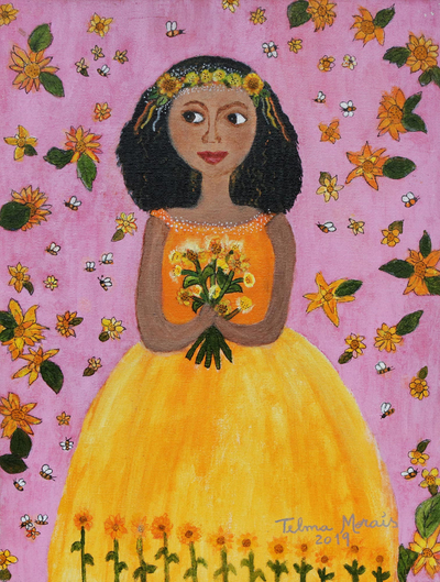 Original Signed Naif Painting of A Girl with Sunflowers