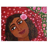 'Abeja en medio de las rosas' - Pintura naif original de una niña con una abeja y rosas