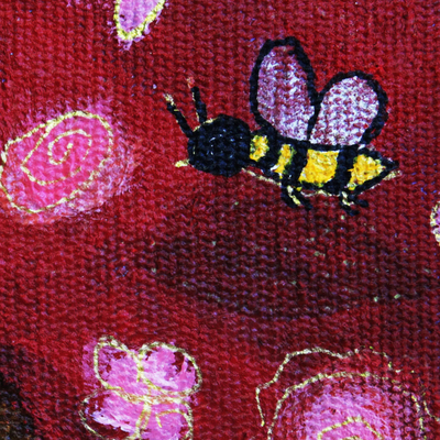 'Bee Amid the Roses ' - Original Naif Painting of a Girl with a Bee and Roses