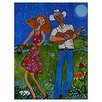 'Ranchers from Goias' - Original Signed Naif Painting of a Couple in Rural Brazil