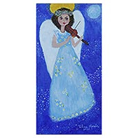 'The Angel of Harmony' - Brazilian Signed Original Naif Painting of a Musician Angel