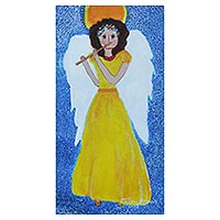 'Angel of Kindness' - Brazilian Signed Naif Painting of an Angel in Yellow
