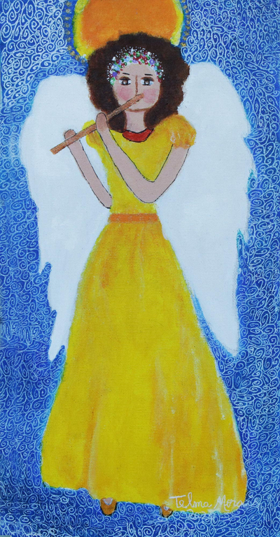 Brazilian Signed Naif Painting of an Angel in Yellow