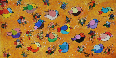 'The Little Birds' - Signed Brazilian Naif Painting of Birds and Floral Nosegays