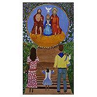 'Los Devotos' - Pintura Naif Original de una Familia Adorando a la Santísima Trinidad